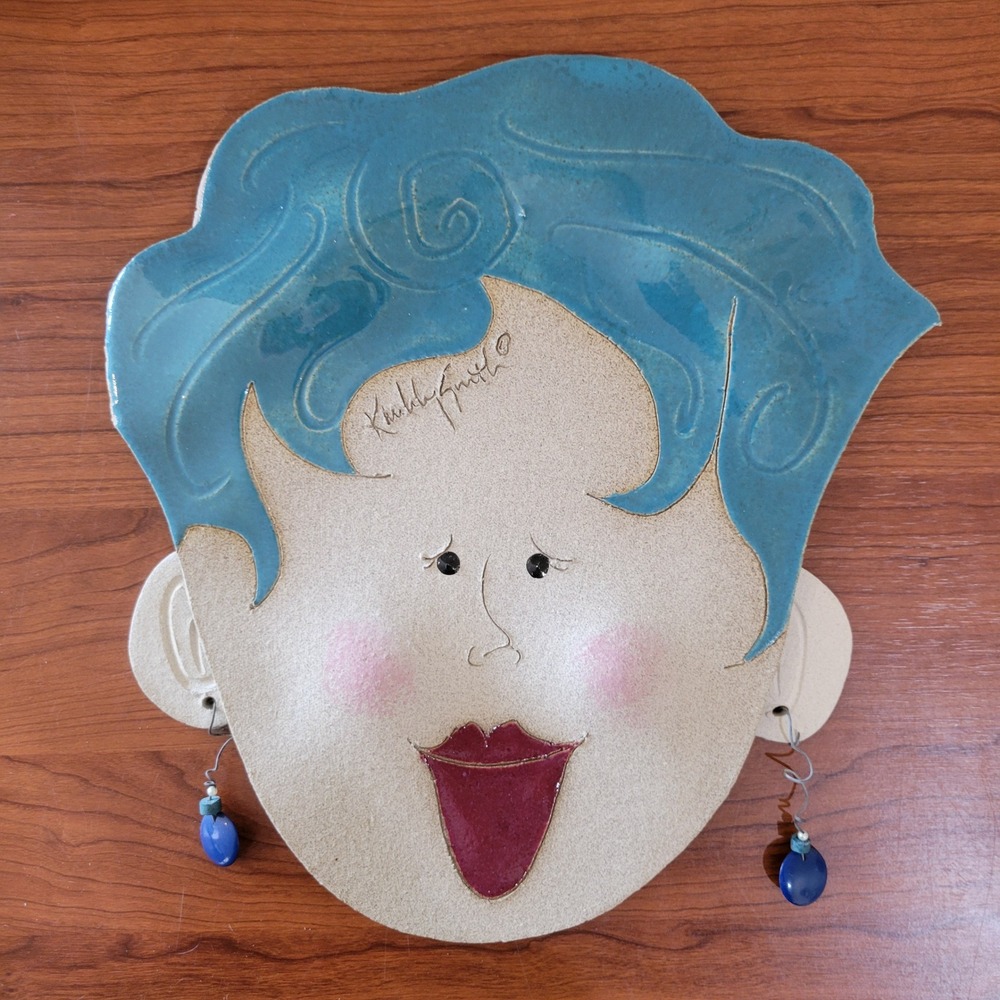 Kimberly Smith Studio Pottery Ceramic Face Mask‎ Wall Art Blue Hair Earrings